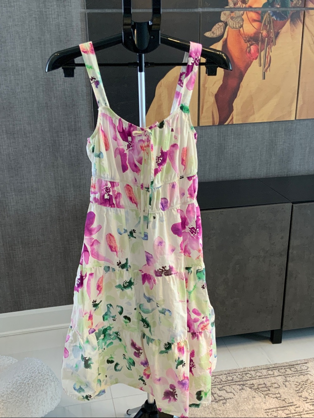 BB Dakota Cream Midi Dress with Pink & Green Floral Print.